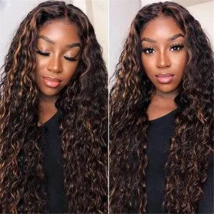 1B/30 Highlight Wave Curly Hd Lace Front Human Hair Wet And Wavy Wigs Pre Plucked T Part Lace Front Human Hair Wigs for Black Women Brazilian Remy Hair Ombre Chocolate Brown Water Wave Frontal Wig