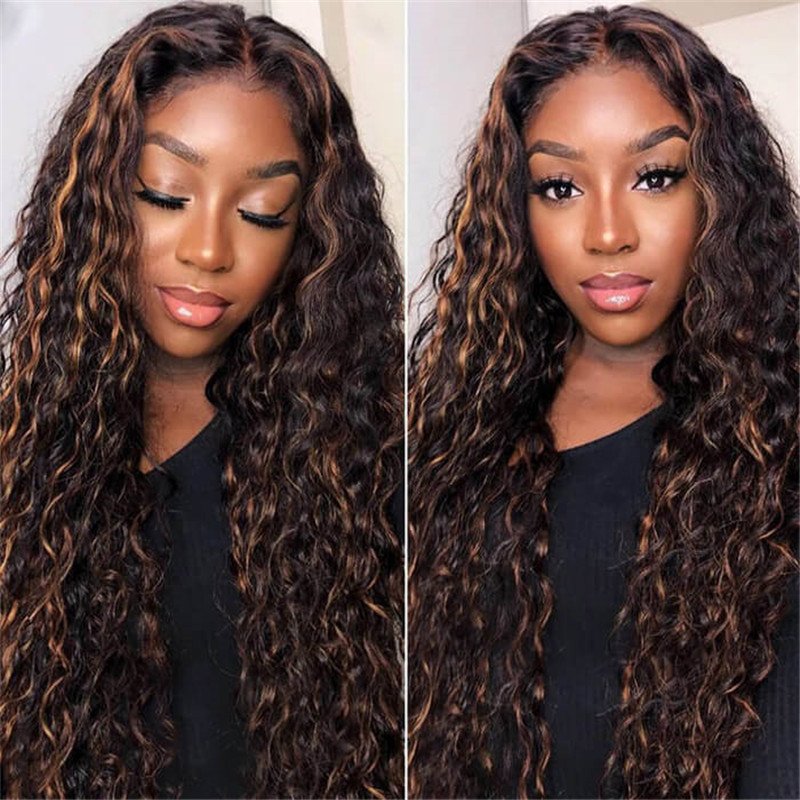 1B/30 Highlight Wave Curly Hd Lace Front Human Hair Wet And Wavy Wigs Pre Plucked T Part Lace Front Human Hair Wigs for Black Women Brazilian Remy Hair Ombre Chocolate Brown Water Wave Frontal Wig