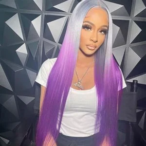 Silky Straight Wave Ombre Sliver and Purple Lace Front Human Hair Highlight Wigs 13x4 Lace Frontal Wig Long Hair Colored Lace Front Wig 150%