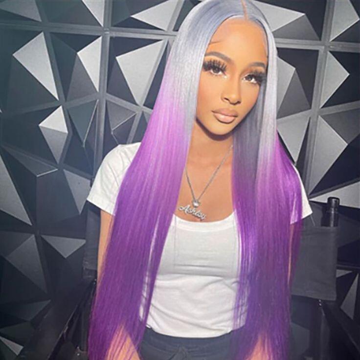 Silky Straight Wave Ombre Sliver and Purple Lace Front Human Hair Highlight Wigs 13x4 Lace Frontal Wig Long Hair Colored Lace Front Wig 150%