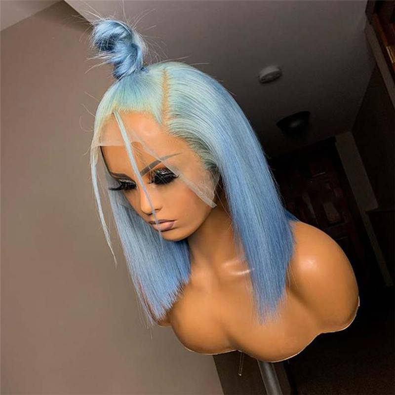 150% Straight Blue Short Bob Human Hair Wigs Brazilian Remy Pre Plucked Blue Bob Wig Transparent Lace Wigs Glueless Wigs - Image 2