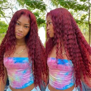 Deep Wave 13X4 Hd Lace Front Wigs Burgundy 99J Color Human Hair Wigs With Pre-Plucked Hairline - Image 3