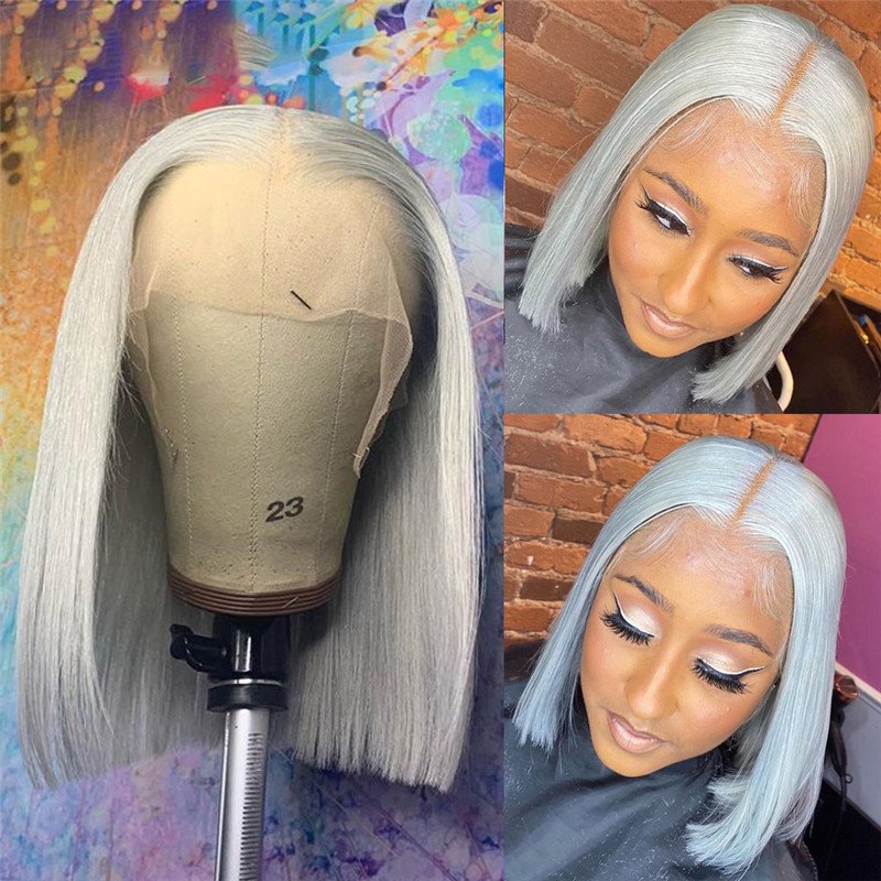 150% Density 13x4 Straight Bob Grey Human Hair Wigs Brazilian Hair Wigs Pre Plucked Bob Wig Transparent Lace Wigs Closure Wig - Image 3
