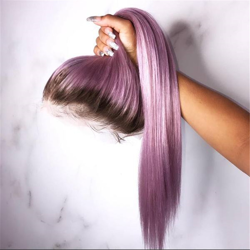 Human Hair Lilac Purple With Dark Root Straight Lace Front Wigs - Image 2
