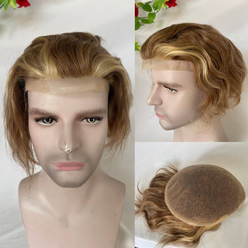 Full Lace 10X8 Inch Toupee 4mixed 27 highlight 613 Front Colored Mens Hair Remy 100% Human Hair Toupee for Men 100% European Hair System