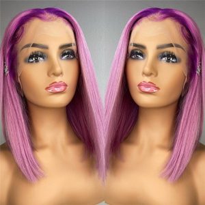 Purple Straight Ombre Pink Short Bob Human Hair Wigs Peruvian Remy Hair Transparent Lace Wigs For Women - Image 3