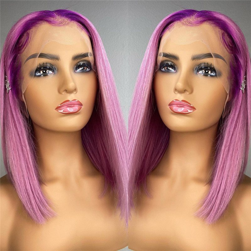 Purple Straight Ombre Pink Short Bob Human Hair Wigs Peruvian Remy Hair Transparent Lace Wigs For Women - Image 3