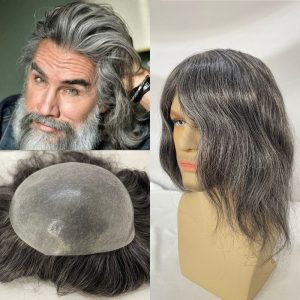 Pwigs Toupee for Men Full Thin Skin PU Cap Base 12inch Long European Human Hair Men Toupee Natural Hairline Hair System 1b Mixed with 60% White Hair Men Wigs