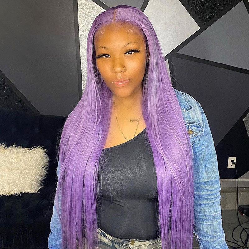 Transparent Purple Lace Front Wig Straight Colored Human Hair Wigs For Women Brazilian Hair Purple Ombre Human Hair Wig 150% - Image 3