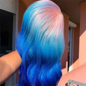 Alternative view of Body Wave Pink Lace Front Human Hair Wigs Brazilian Remy Highlight Colored Lace Front Wigs Ombre Blue Human Hair Lace Wig 150%