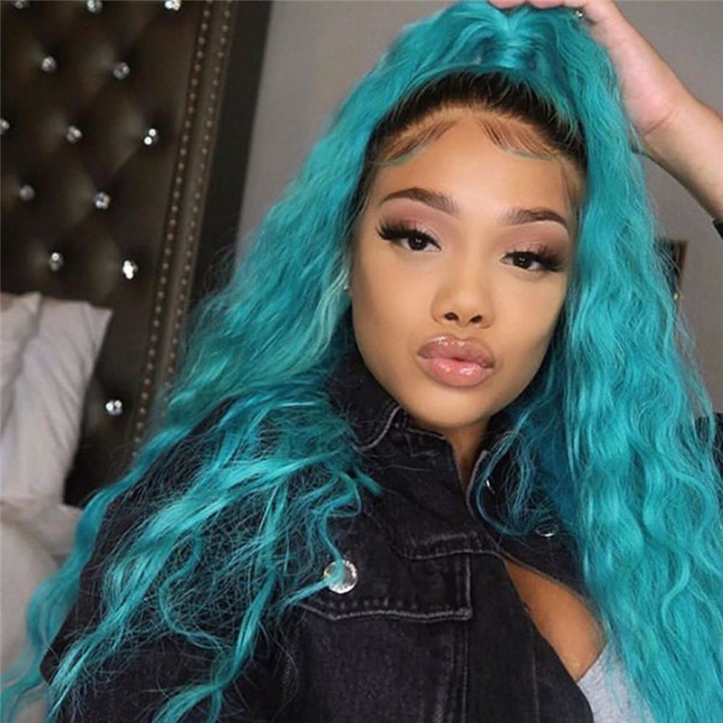 Peruvian Hair Blue Color With Dark Root Lace Front Wig