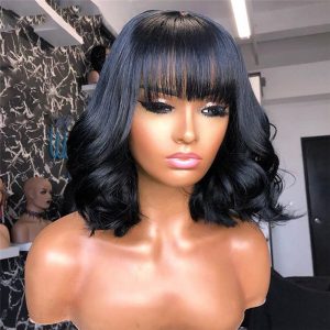 Short Bob 360 Lace Frontal Wig With Bangs Brazilian Wavy 360 Lace Wigs For Women 13x4 Bob Lace Front Human Hair Wigs With Bangs