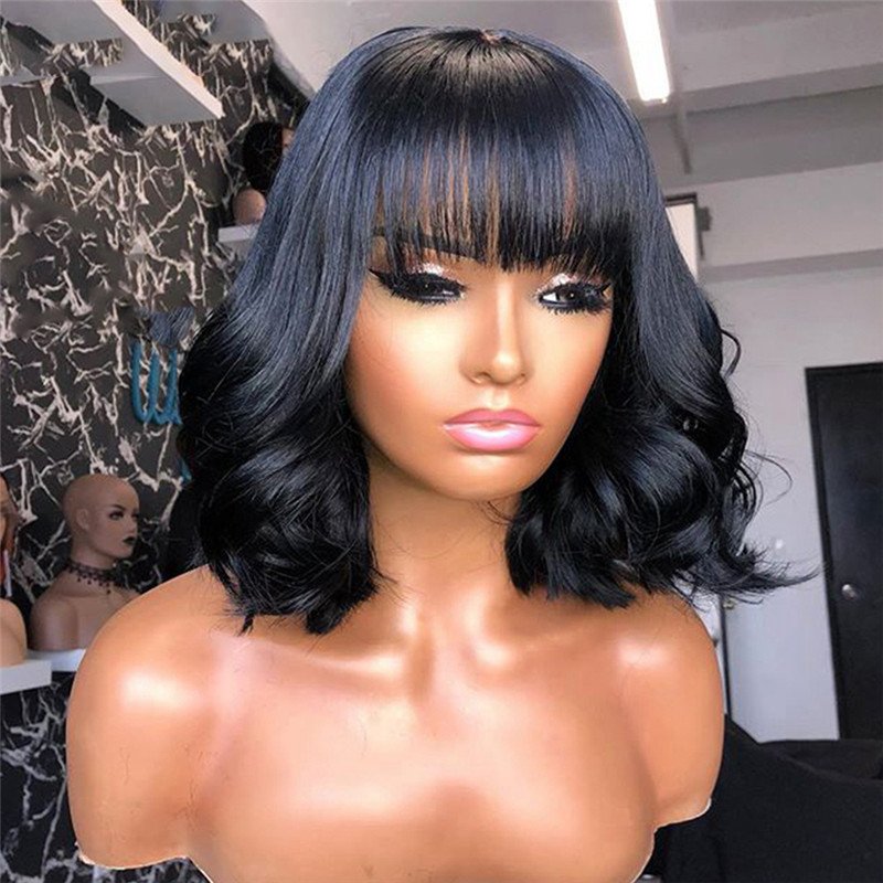 Short Bob 360 Lace Frontal Wig With Bangs Brazilian Wavy 360 Lace Wigs For Women 13x4 Bob Lace Front Human Hair Wigs With Bangs