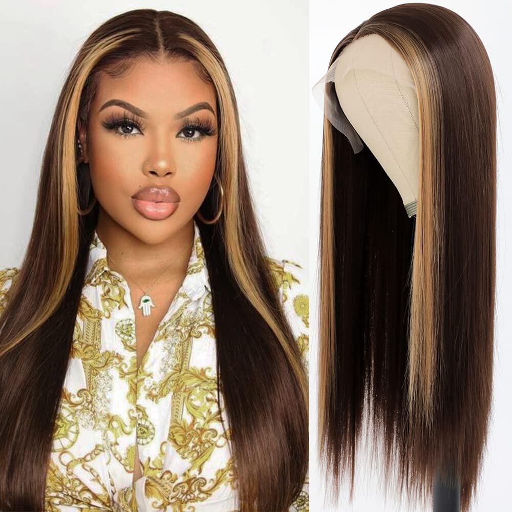 Light and Dark brown /Chocolate Color Skunk Stripe Wigs Straight Lace Wig Lace Front Human Hair Wigs Brazilian Remy Hair Ombre Highlight Wigs For Women 8-28 inch 150% Density