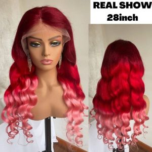 Peruvian Hair Pink Ombre Color Natural Wave Lace Front Wig - Image 4