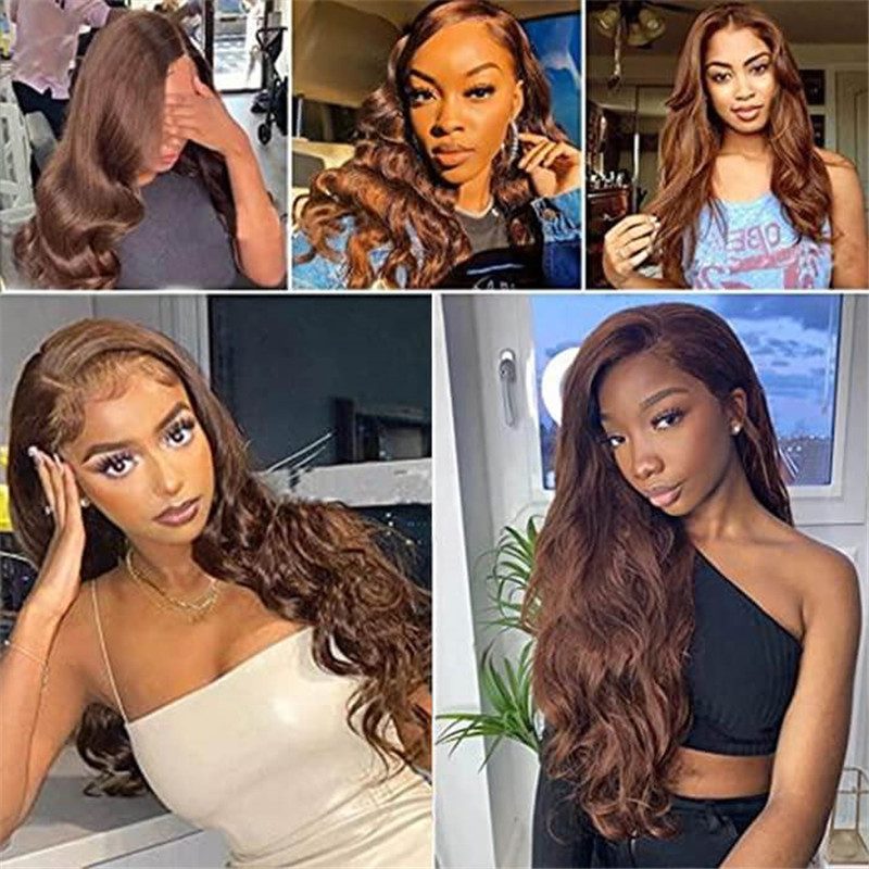 #4 Chocolate Brown Colored Body Wave 13X4 Lace Front Wig Pre Plucked 100% Human Hair Wigs For Women - Image 4