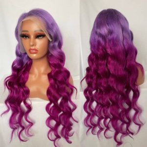 Ombre Purple and Purple Red Glueless Colored Human Hair Wigs For Women Brazilian Body Wave Lace Front Wig Bleached Knots 150% Density - Image 3