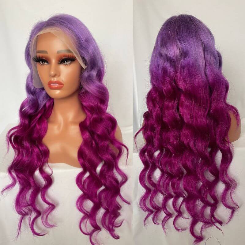 Ombre Purple and Purple Red Glueless Colored Human Hair Wigs For Women Brazilian Body Wave Lace Front Wig Bleached Knots 150% Density - Image 3