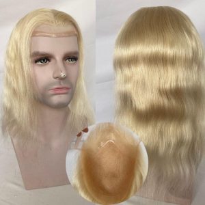 Silky Straight Wave 12 Inch Long Human Hair Toupee for Men 8x10 Hairpieces Human Hair Mens Toupee Mono Net with PU around Ombre Ash Blonde Color - Image 17