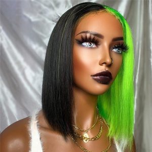 Bob Black Green Half and Half Lace Front Wig Brazilian Remy Straight Bob Colored Human Hair Wigs For Women Green Human Hair Wig - Image 3