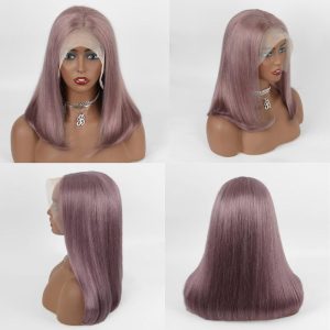 Ash Purple Straight Bob Cut Lace Wig Human Hair Wigs Brazilian Remy Pre Plucked Bob Wig Transparent Lace Wigs Glueless Colored Wigs