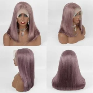 Ash Purple Straight Bob Cut Lace Wig Human Hair Wigs Brazilian Remy Pre Plucked Bob Wig Transparent Lace Wigs Glueless Colored Wigs