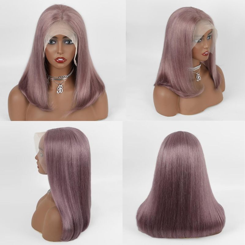 Ash Purple Straight Bob Cut Lace Wig Human Hair Wigs Brazilian Remy Pre Plucked Bob Wig Transparent Lace Wigs Glueless Colored Wigs