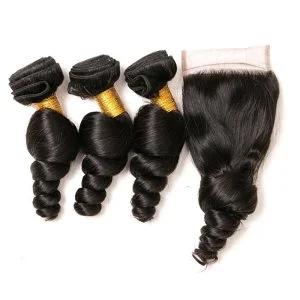 Alternative view of Loose Wave Bundles With Closure Frontal 4x4 Weave Wet and Wavy Brazilian Raw Virgin Human Hair Extension