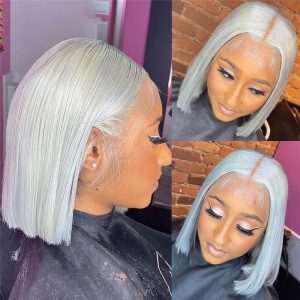 Alternative view of 150% Density  13x4 Straight Bob Grey Human Hair Wigs Brazilian Hair Wigs Pre Plucked Bob Wig Transparent Lace Wigs Closure Wig