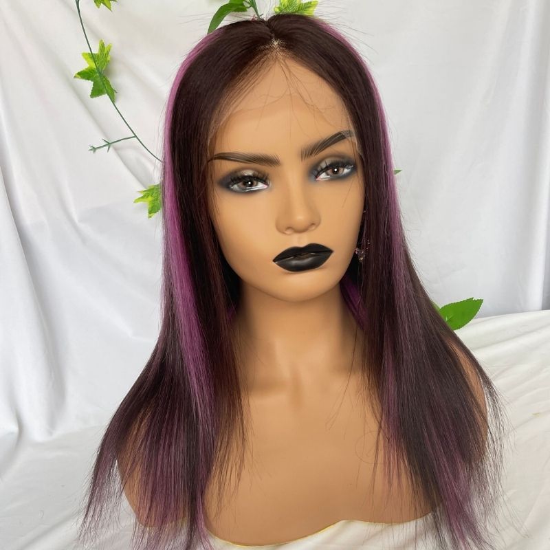 Purple and Natural Black Highlight Wig Pre Plucked Straight Lace Front Wig Brazilian Highlight Colored Human Hair Lace Front Wigs 150% Hair - Image 7