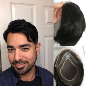 Alternative view of Men's Toupee 10"x8" Human Hair Thin Skin Hairpiece Hair Replacement Wigs Mono Lace Net Base for Men #21 Ash Blonde Color