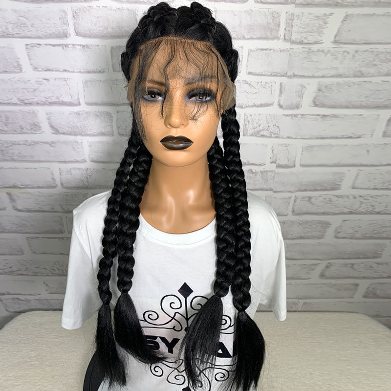High Quality Braid Synthetic Wig Attractive Design Cornrows 4 Braids Hair Hand Tied Lace Front Braided Synthetic Hair Wig Black - Image 2