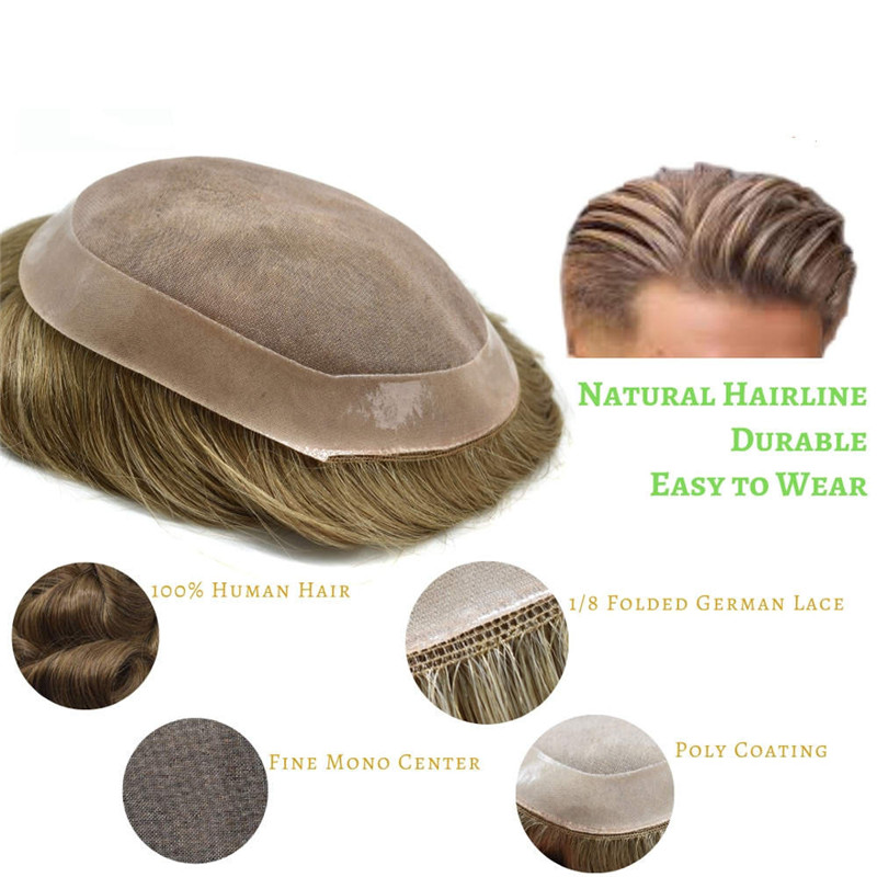 Pwigs Hairpiece Durable Fine Mono Mens Hair System Pu Around Easy Tape Attached 100% Human Hair Men'S Hair Replacement System - Image 5