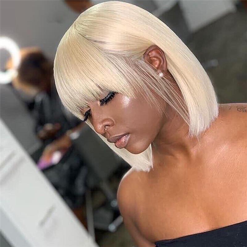 613 Blonde Bob Wig Human Hair Wigs With Bangs Brazilian Virgin Hair Straight Bob Machine Wigs For Women Transparent Lace Wigs - Image 2