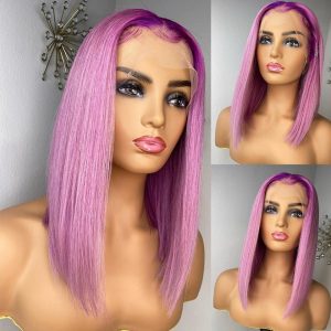 Purple Straight Ombre Pink Short Bob Human Hair Wigs Peruvian Remy Hair Transparent Lace Wigs For Women - Image 4