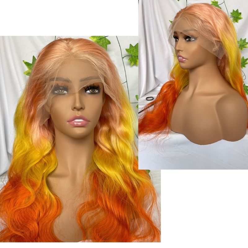Body Wave Ombre Pink Yellow Orangered Human Virgin Hair Pre Plucked Lace Front Wig For Black Woman Lace Front Wig Brazilian Remy Human Straight Hair - Image 4