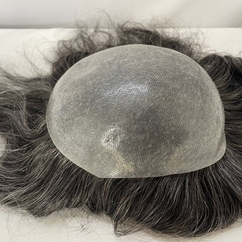 Pwigs Toupee for Men Full Thin Skin PU Cap Base 12inch Long European Human Hair Men Toupee Natural Hairline Hair System 1b Mixed with 60% White Hair Men Wigs - Image 5
