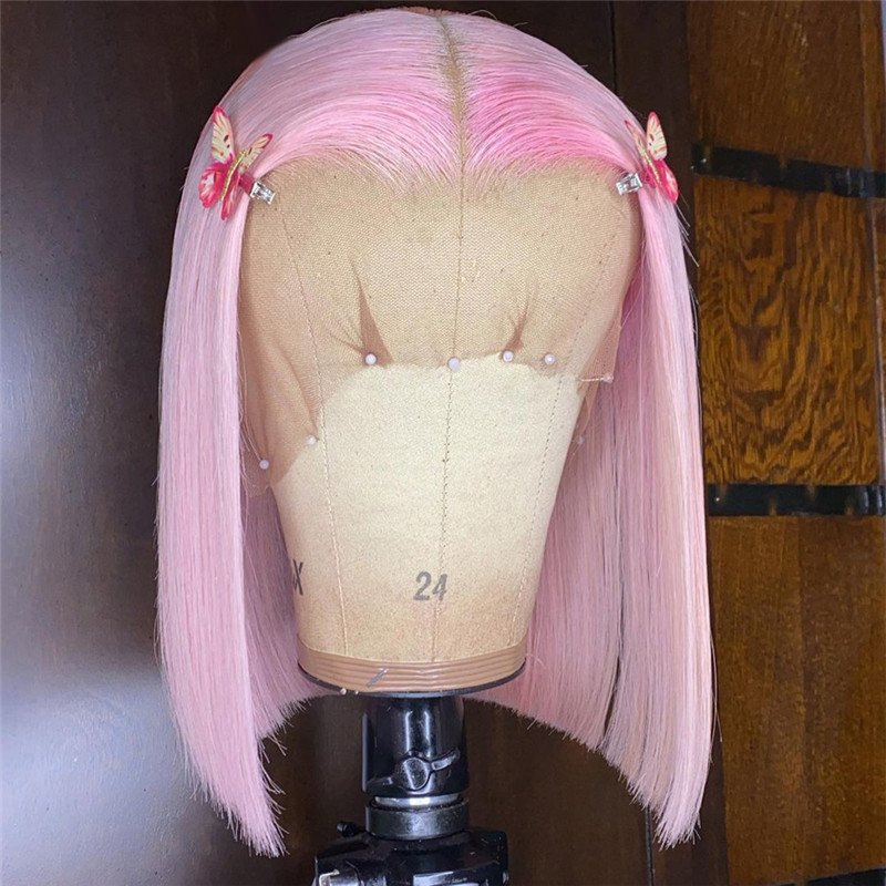 Straight Bob Lace Front Wig Pink Ombre Human Hair Wig Brazilian Remy Short Bob Lace Front Wigs For Women 150% - Image 2