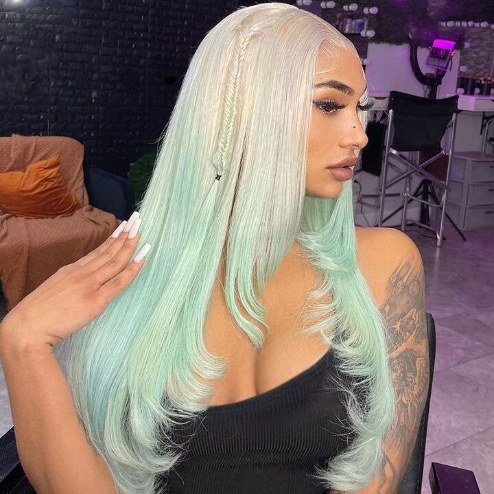 Straight Ombre 613 Blonde and Light Green Lace Front Human Hair Wigs 13x4 Lace Frontal Wig Long Hair Colored Lace Front Wig 150% - Image 3
