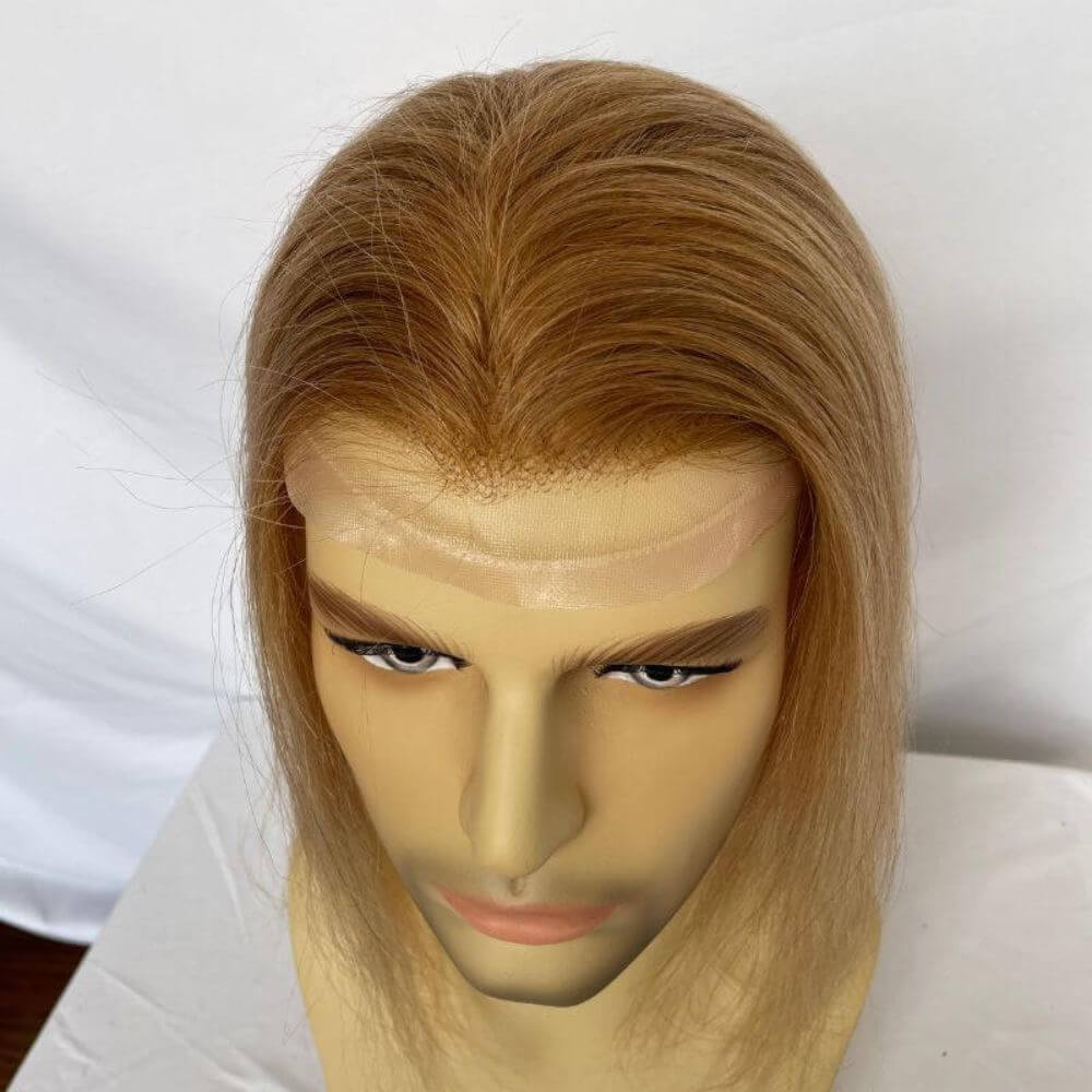 Silky Straight Wave 12 Inch Long Human Hair Toupee for Men 8x10 Hairpieces Human Hair Mens Toupee Mono Net with PU around Ombre Ash Blonde Color - Image 6