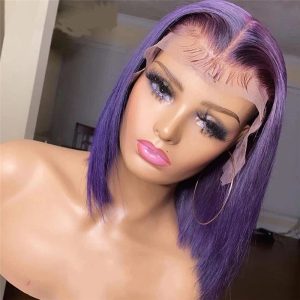 Straight Purple Short Bob Human Hair Wigs Brazilian Remy Pre Plucked Blue Bob Wig Transparent Lace Wigs Glueless Colored Wigs - Image 3