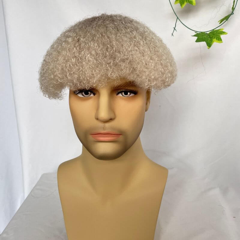 Men Toupee Human Hair Afro Curly Ombre #60 White Color Toupee for Men 8x10 inch Afro Curl Toupee for Black Men Full French Lace Hair System 360 Weave Men Toupee Hair System - Image 4