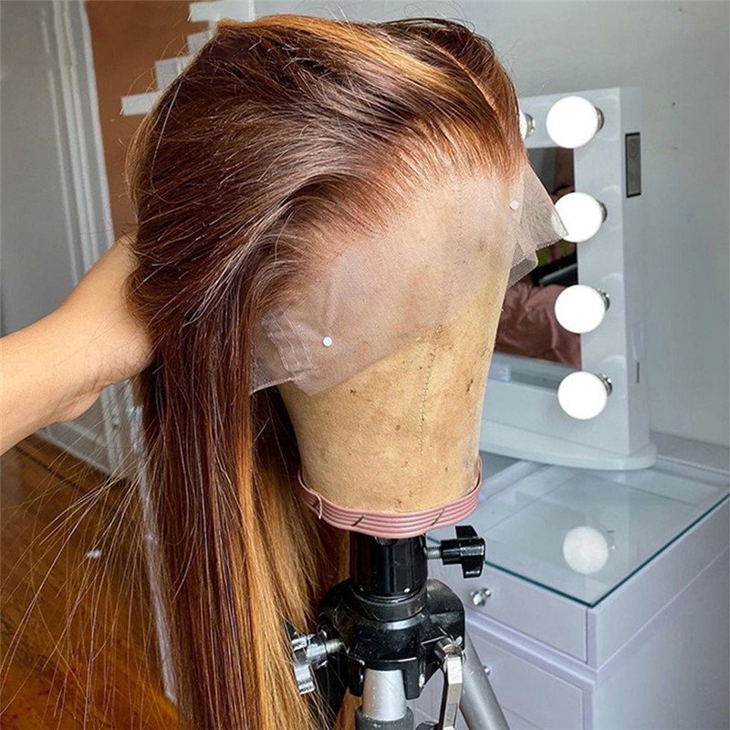 Ombre Straight Lace Front Wig Highlight 28Inch Lace Front Wig Brazilian Remy Highlight Wig Honey Brown Colored Human Hair Wigs