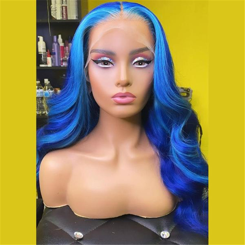 Virgin Human Hair Blue Highlight Lace Front Styled Wig - Image 2