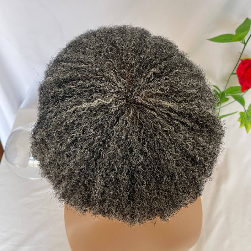 Men Toupee Human Hair Afro Curly 1B 50 Natural Black Mixed 50% Grey Toupee for Men 8x10 inch Afro Curl Toupee for Black Men Full French Lace Hair System 360 Weave Men Toupee Hair System - Image 4