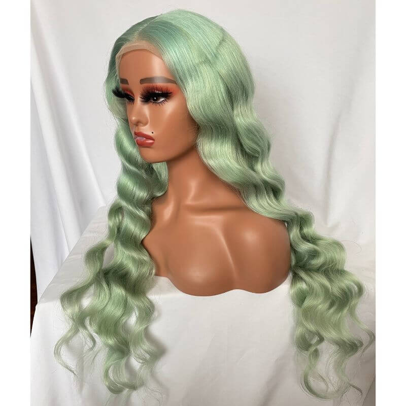 Green Hair Transparent Lace Wigs Mint Green Colored Body Wave Human Hair Lace Wigs Brazilian Remy Ombre Human Hair Wigs For Women - Image 5