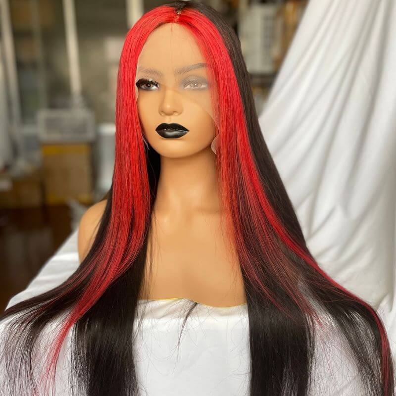 Skunk Stripe Peruvian Hair Lace Front Black Color Red Streak Highlight Wigs Human Hair Lace Front Wigs