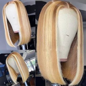 Alternative view of Ombre Light Brown Highlight Blonde Brazilian Human Hair Colored Highlight Brown Lace Front Wigs For Women Bob Wig