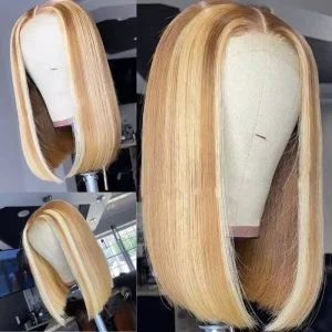 Alternative view of Ombre Light Brown Highlight Blonde Brazilian Human Hair Colored Highlight Brown Lace Front Wigs For Women Bob Wig