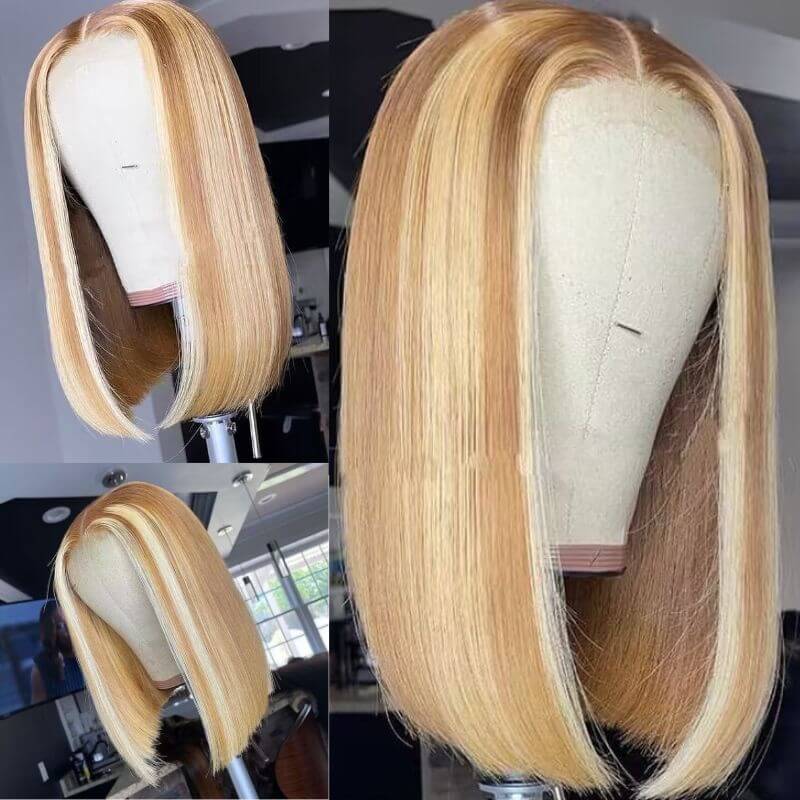 Ombre Light Brown Highlight Blonde Brazilian Human Hair Colored Highlight Brown Lace Front Wigs For Women Bob Wig - Image 2